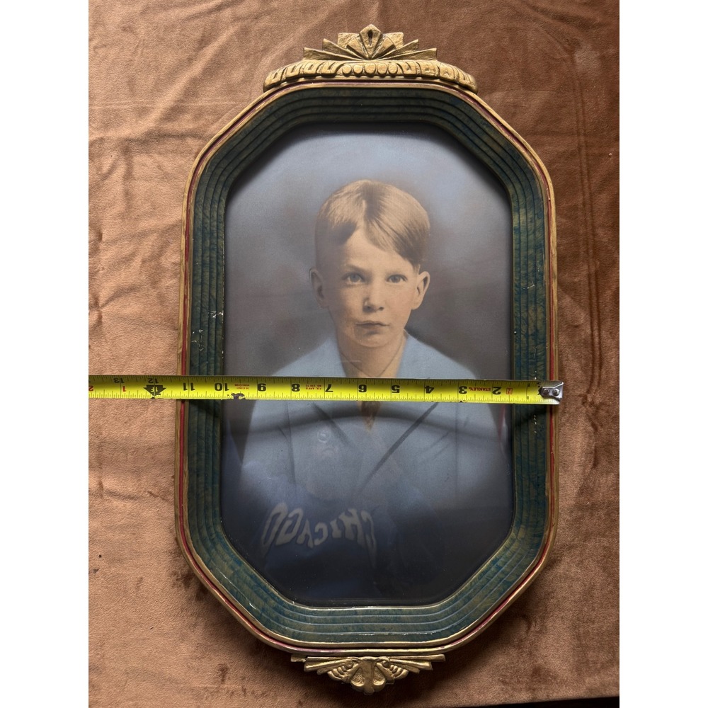 Antique Bubble Glass Frame with Portrait Young Boy Victorian Gold Green Wood - Picture 14 of 14